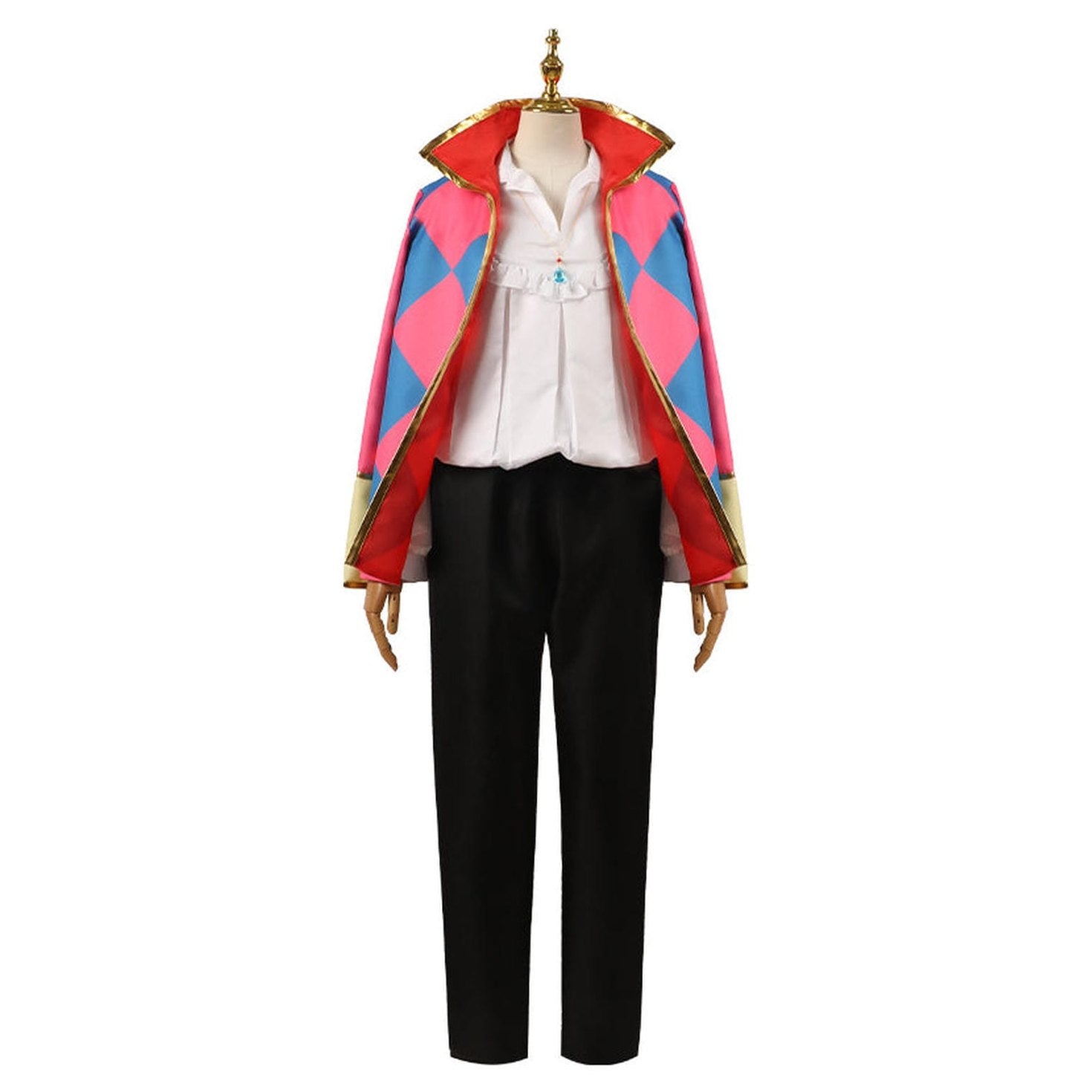 Cosplay Howl Castillo Ambulante completo con capa bordes dorados y patrón diamante rosa azul