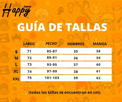 Guía de tallas cm para disfraz cosplay anime Happy Cosplay S-XXL