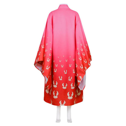 Vista trasera disfraz Hiyori One Piece capa roja gradación y estampado