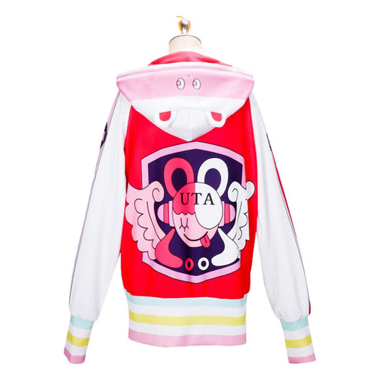 Dorso chaqueta cosplay Uta One Piece capucha rosa con diseño central