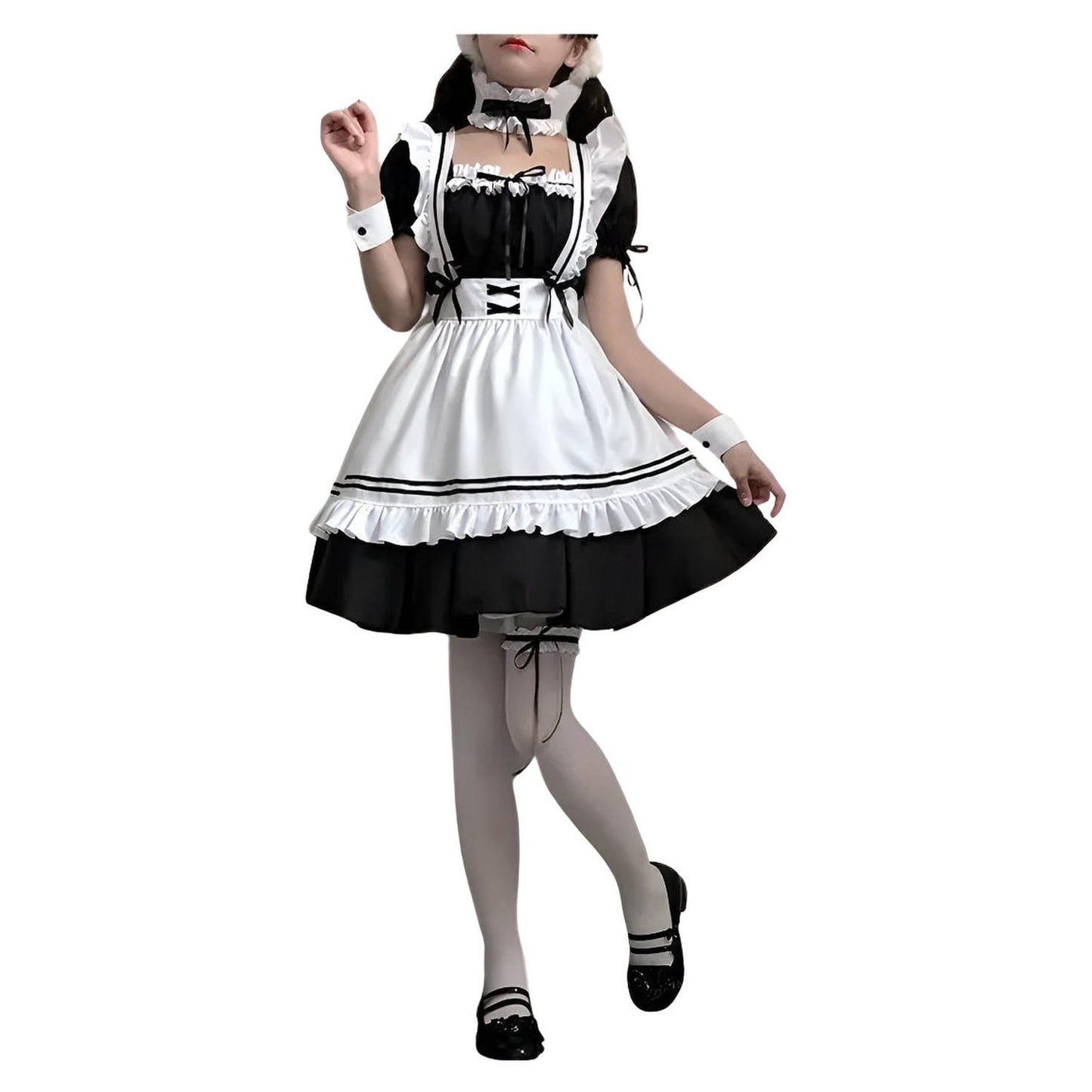 Disfraz maid doble capa con cinturón de lazos y medias grises para cosplay