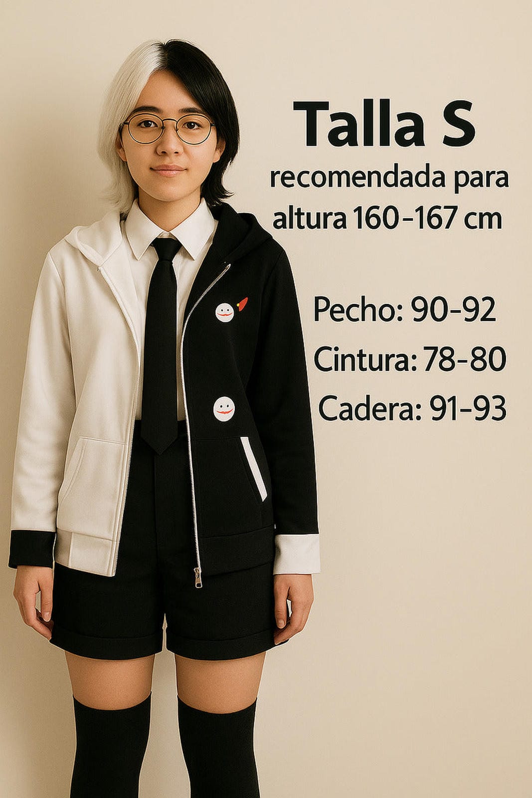 Mujer usando talla S disfraz cosplay Monokuma Danganronpa blanco negro