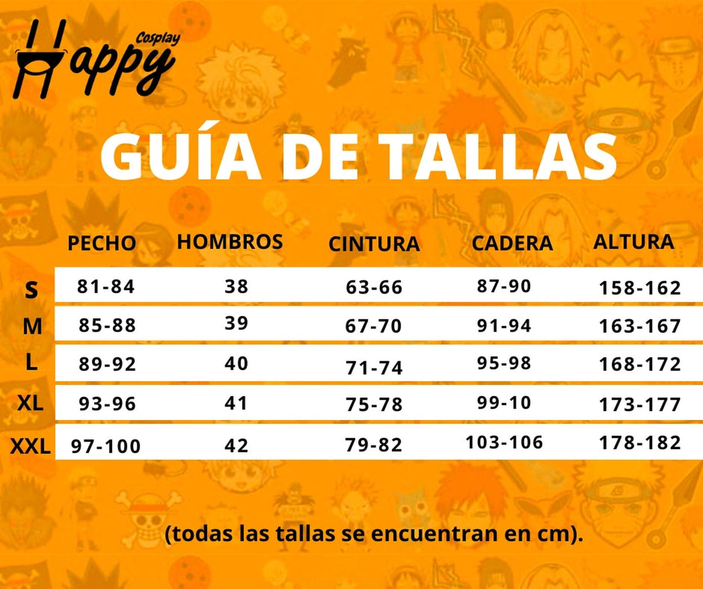 Guía de tallas cm para disfraz cosplay Nico Robin One Piece Happy Store Chile