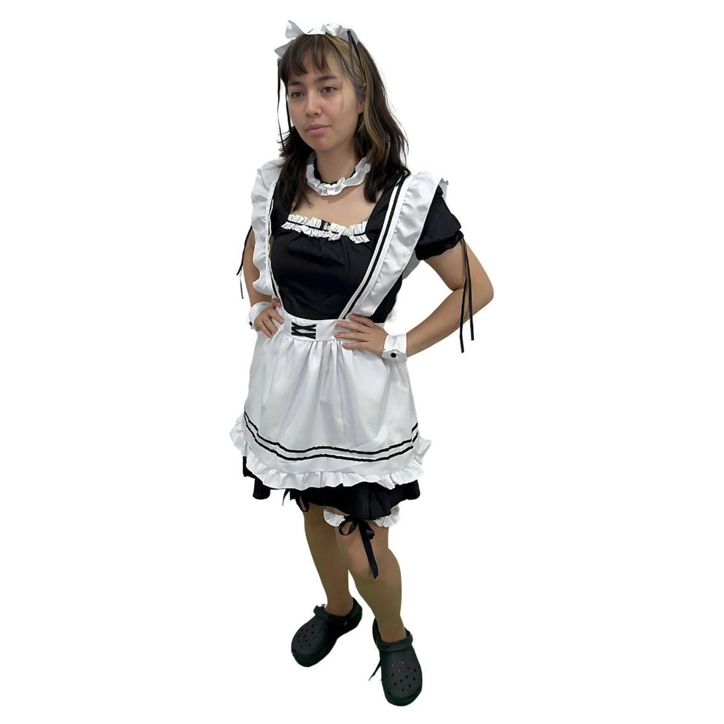 Disfraz maid lolita con zapatillas negras y collar con volantes para fans de anime