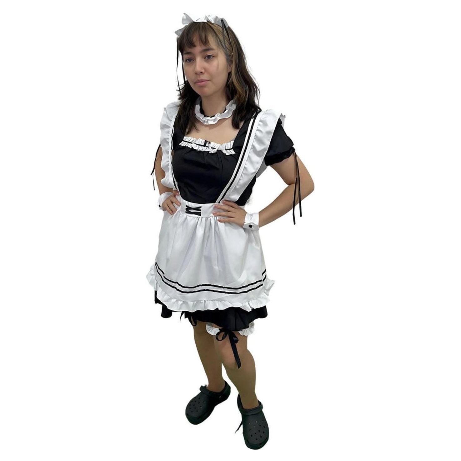 Disfraz maid lolita con zapatillas negras y collar con volantes para fans de anime