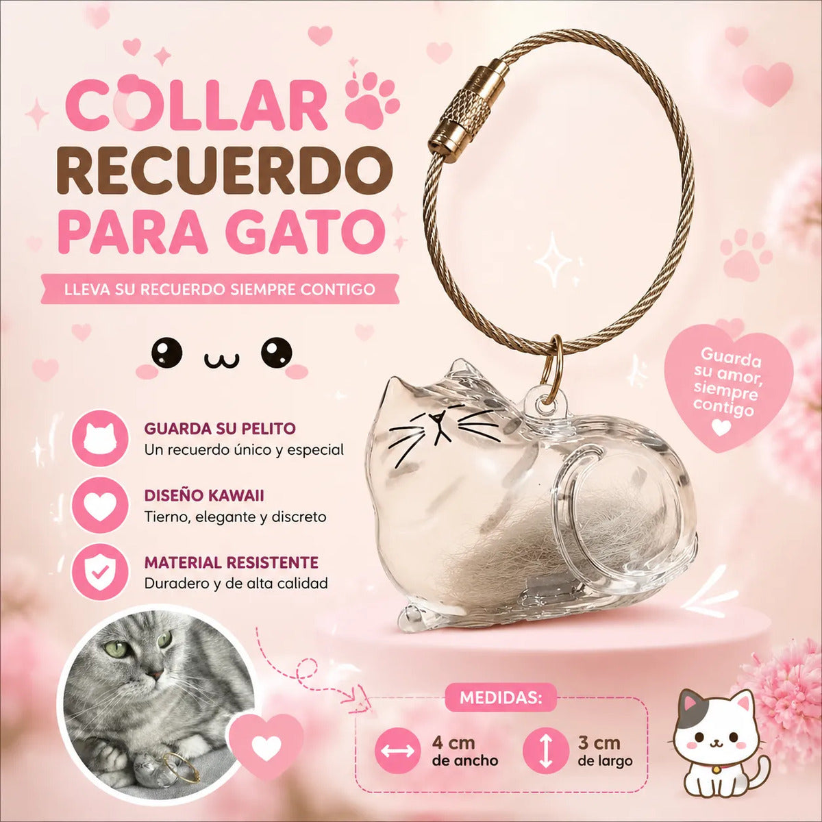 Llavero Gatito Transparente Guarda Pelo De Mascota Recuerdo