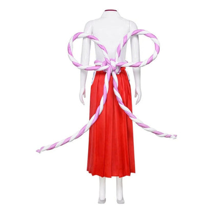 Disfraz Yamato One Piece vista trasera hakama rojo cinturón cuerda trenzada
