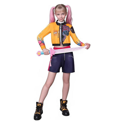Cosplay Rumi KPop Demon Hunters para niña con chaqueta amarilla y espadas