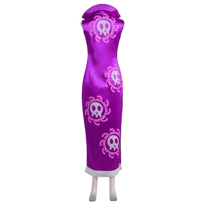 Vestido cosplay Boa Hancock One Piece en maniquí frontal color morado