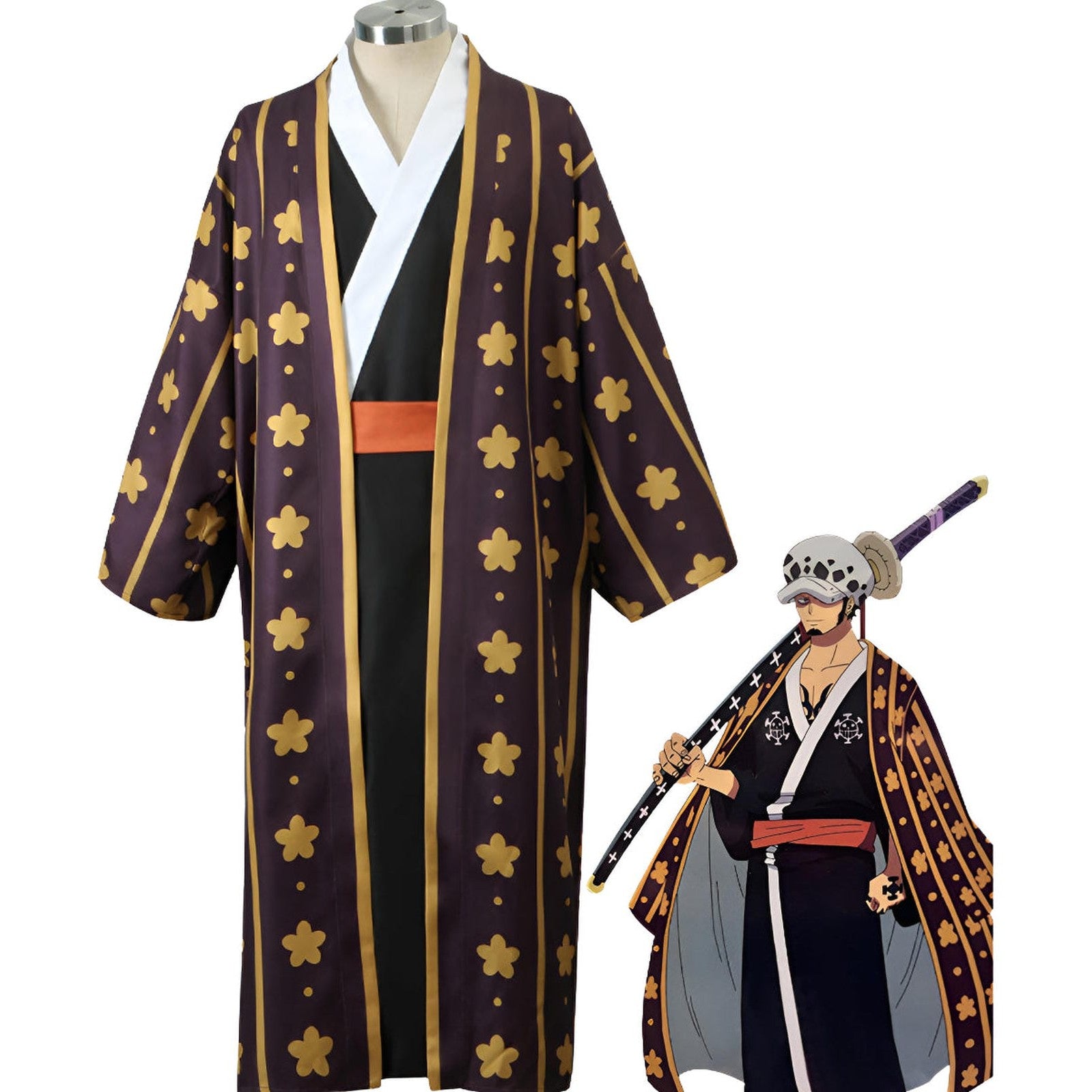 Disfraz cosplay Trafalgar Law Wano kimono morado flores doradas unisex