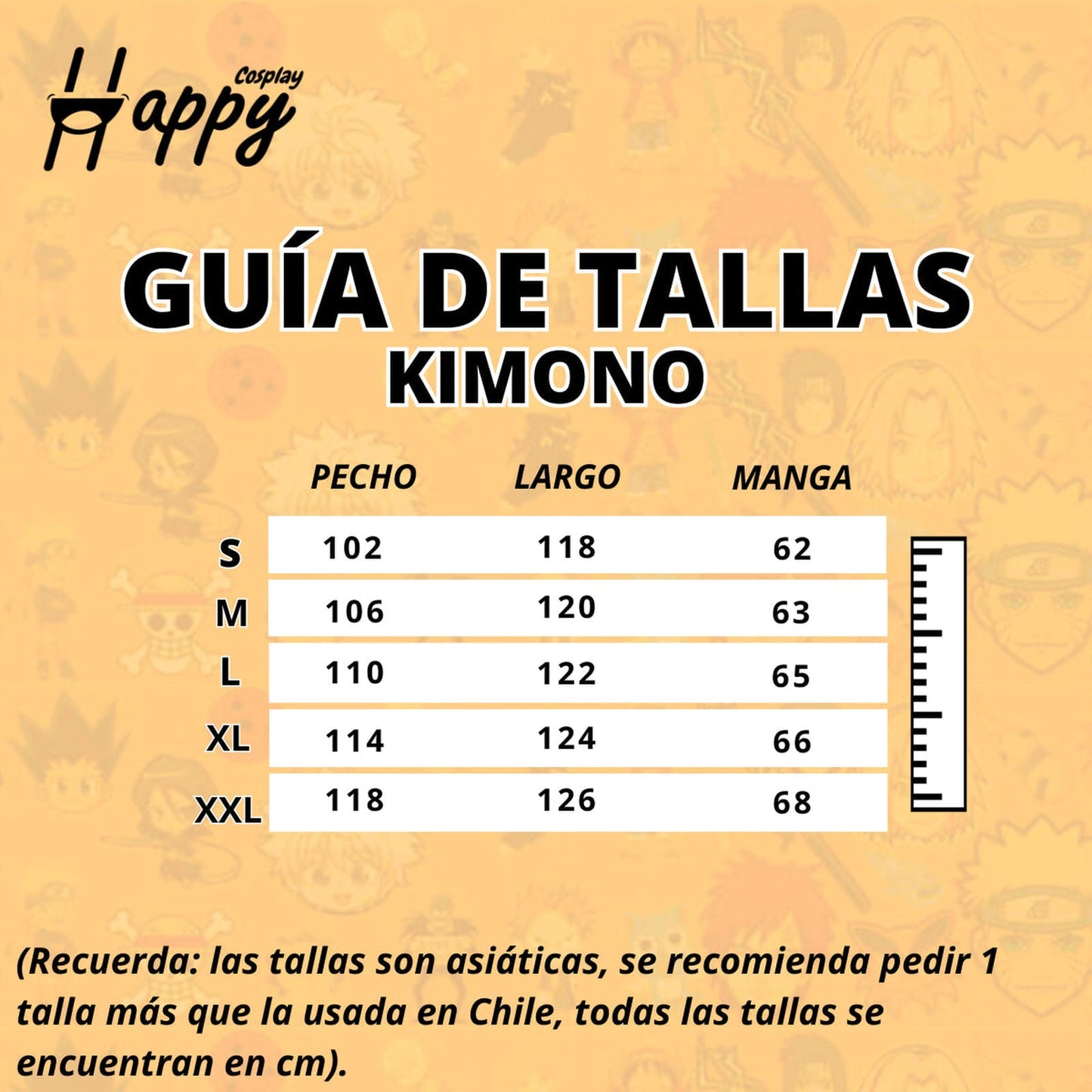 Guía de tallas kimono Trafalgar Law medidas asiáticas para Chile