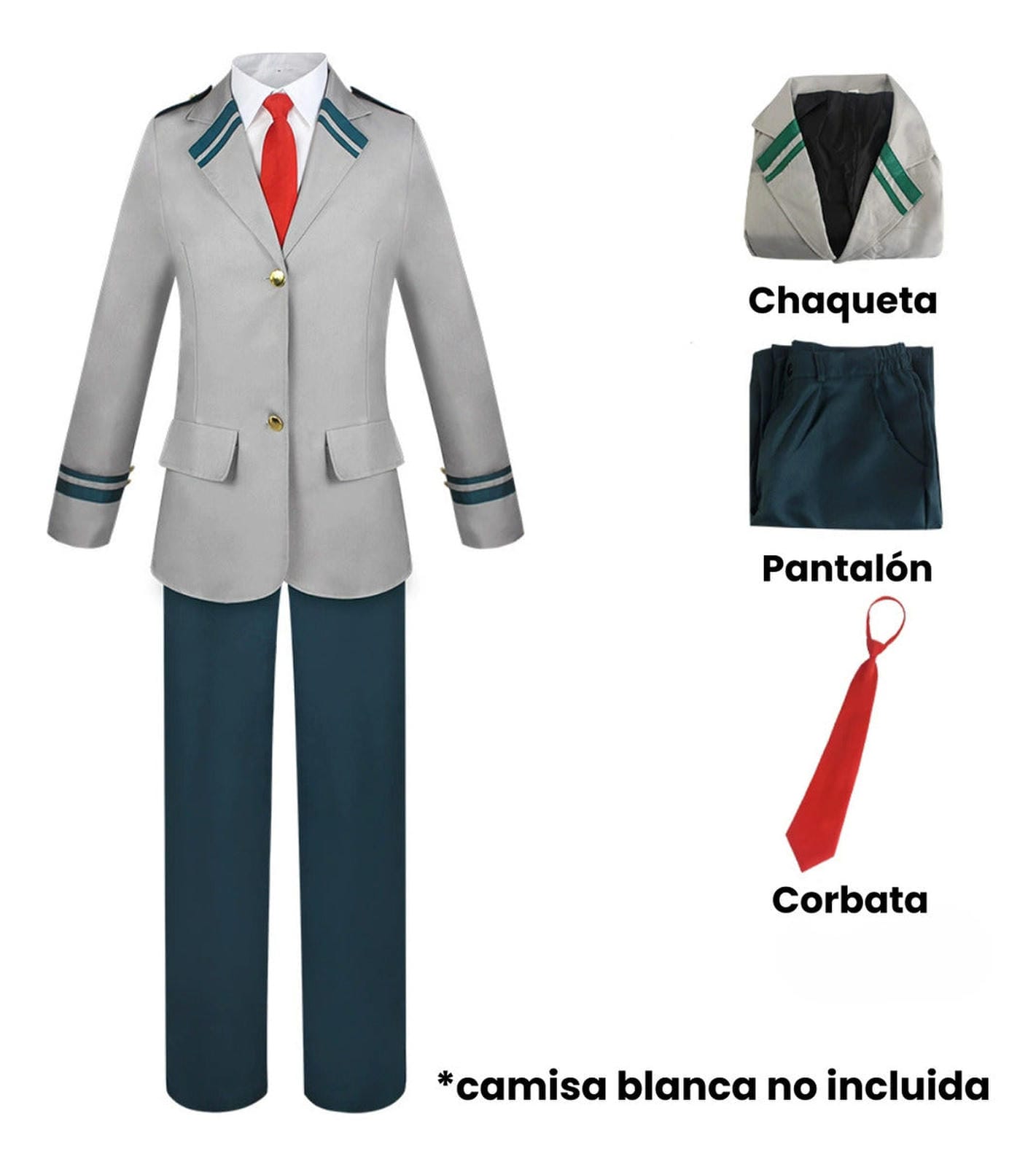 Componentes disfraz UA My Hero Academia: chaqueta gris, pantalón y corbata roja