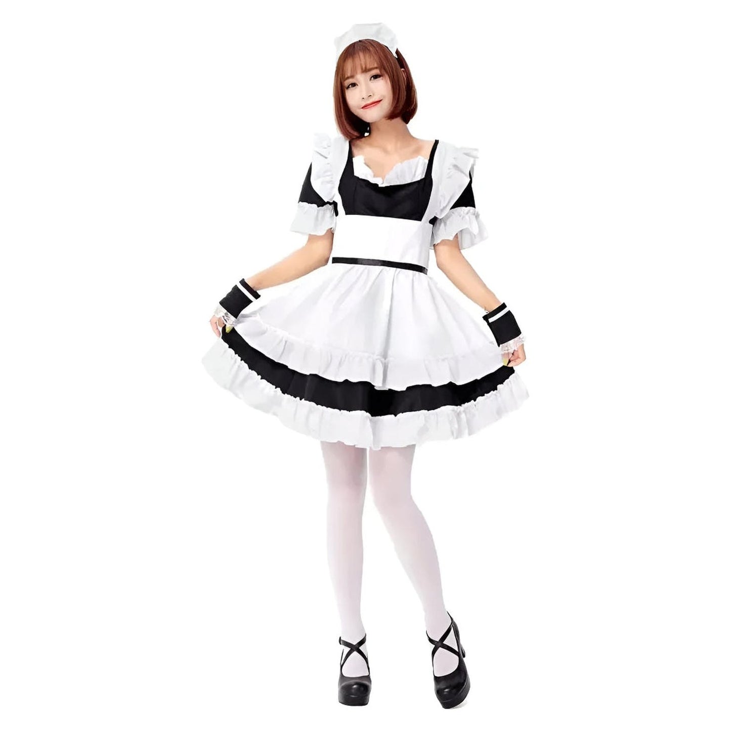 Disfraz maid japonesa estilo lolita negro y blanco con delantal y gorro para cosplay