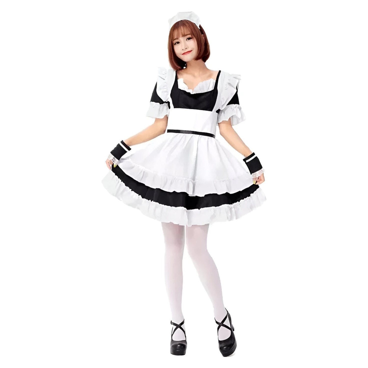Disfraz maid japonesa estilo lolita negro y blanco con delantal y gorro para cosplay