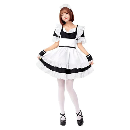Disfraz maid japonesa estilo lolita negro y blanco con delantal y gorro para cosplay