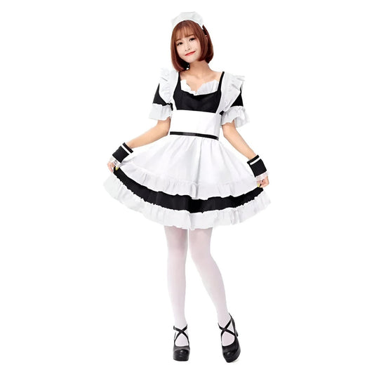 Disfraz maid japonesa estilo lolita negro y blanco con delantal y gorro para cosplay