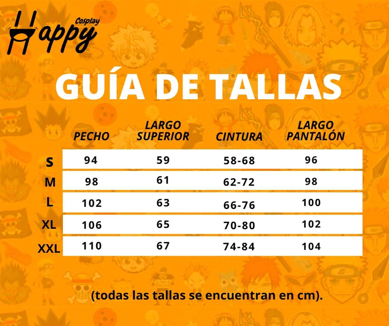 Guía de tallas Happy Cosplay en cm para disfraz Howl Castillo Ambulante S a XXL