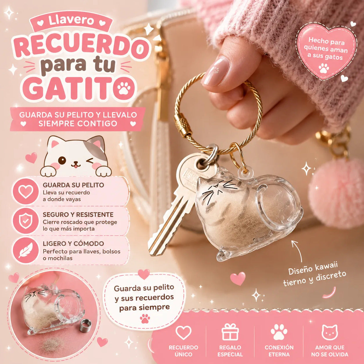 Llavero Gatito Transparente Guarda Pelo De Mascota Recuerdo