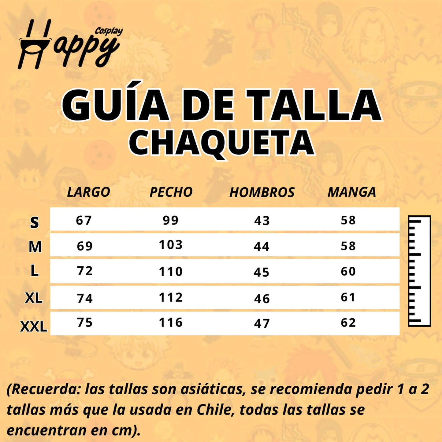 Guía tallas cosplay Gojo Satoru medidas cm advertencia tallas asiáticas Chile