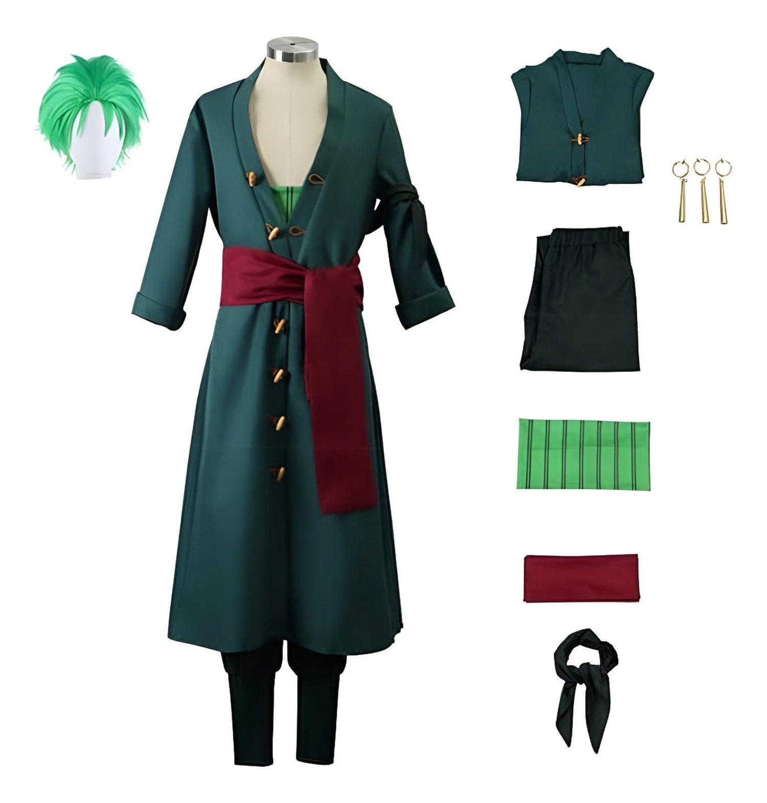 Disfraz completo Roronoa Zoro One Piece con peluca y accesorios en maniquí