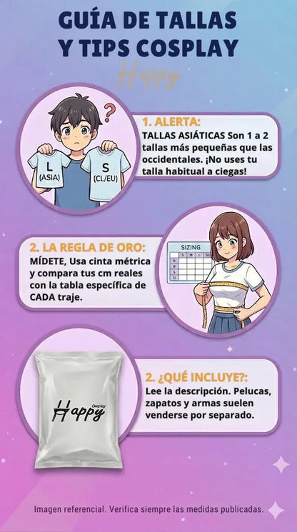 Guía de tallas cosplay Giyu Tomioka con medidas asiáticas y bolsa Happy Store