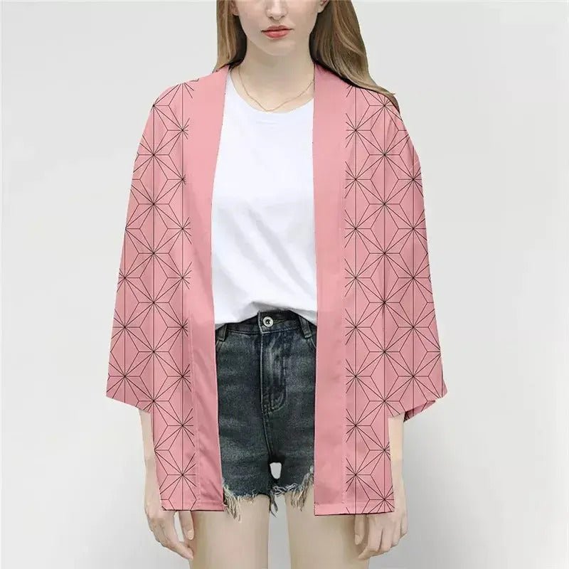 Haori Nezuko cosplay rosa patrón triángulos negro Demon Slayer