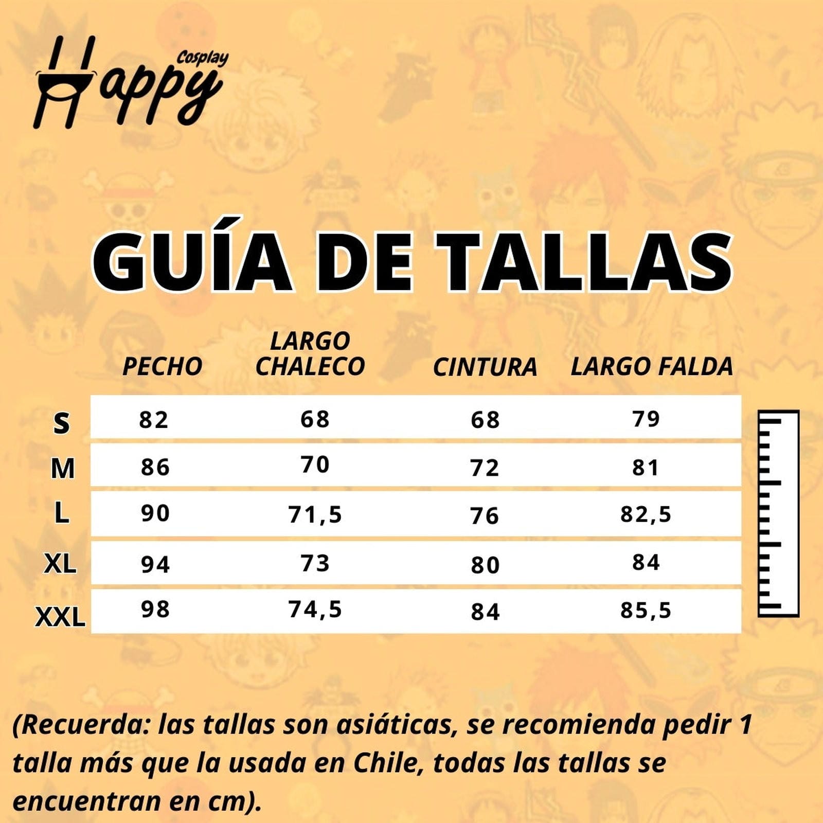 Guía de tallas cosplay Yamato One Piece medidas pecho cintura y largo