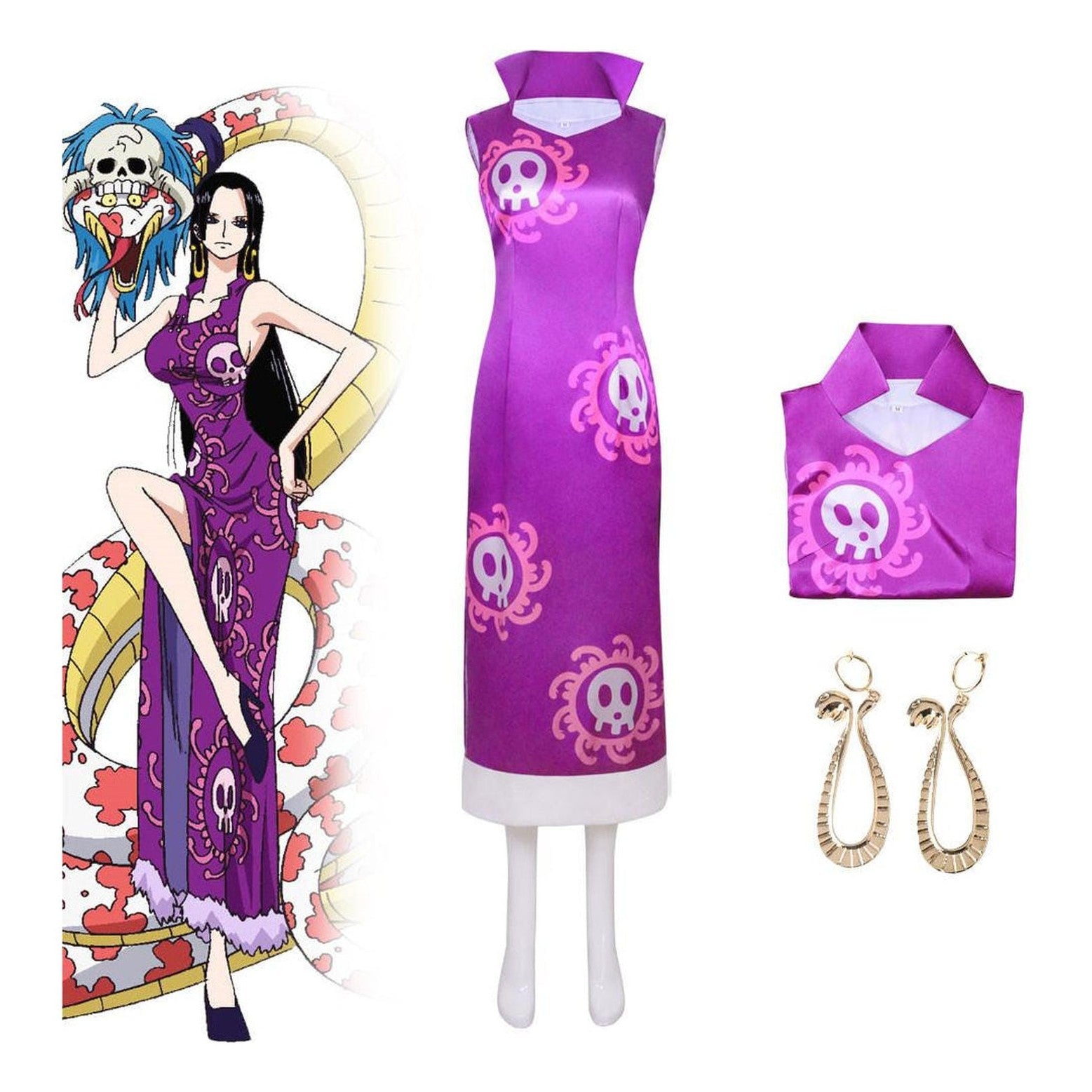 Disfraz cosplay Boa Hancock One Piece morado con cráneos y serpiente