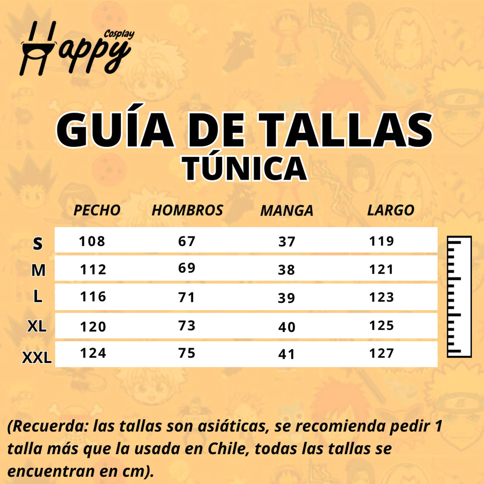 Guía de tallas disfraz Trafalgar Law medidas cm recomendación Chile