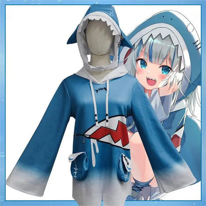 Disfraz cosplay Gawr Gura frontal con capucha boca tiburón y detalles