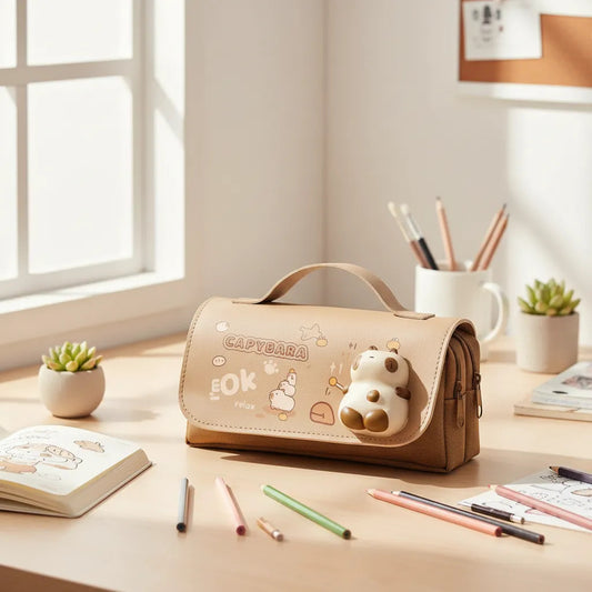 Estuche Capybara 3 Compartimientos Escolar Cuero Pu Kawaii