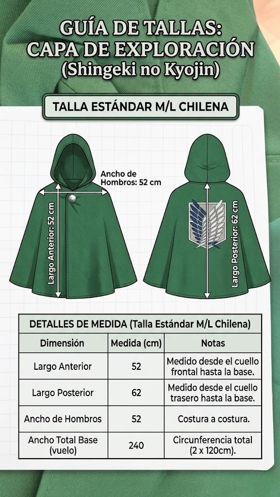 Guía tallas capa cosplay Shingeki no Kyojin medidas Chile cm