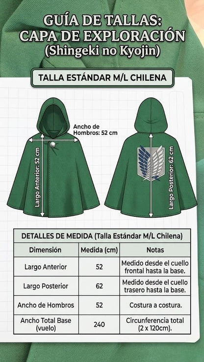 Guía tallas capa cosplay Shingeki no Kyojin medidas Chile cm